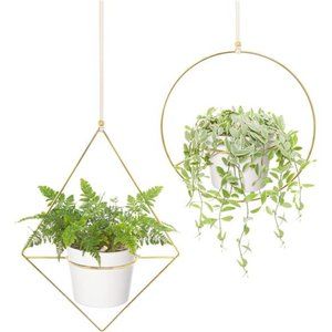 Boho Metal Hanging Planter with Plastic Pots, Set of 2 , Modern Mid Century